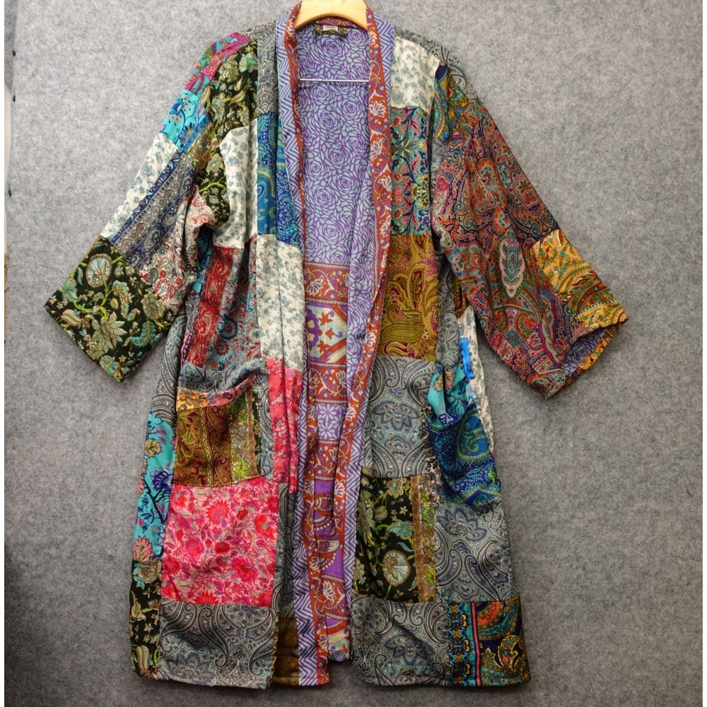 Patchwork Kimono Robe Womens S XL Silk Paisley Artisan Boho Duster Handmade OS